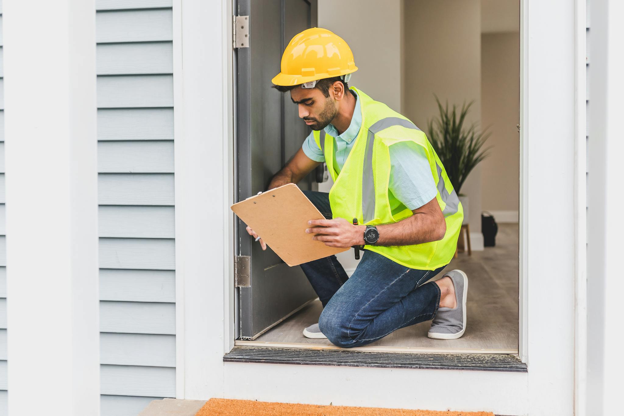 A home inspector wearing safety gear examines a house interior for safety compliance.